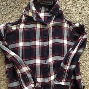 Plaid, cold shoulder button up